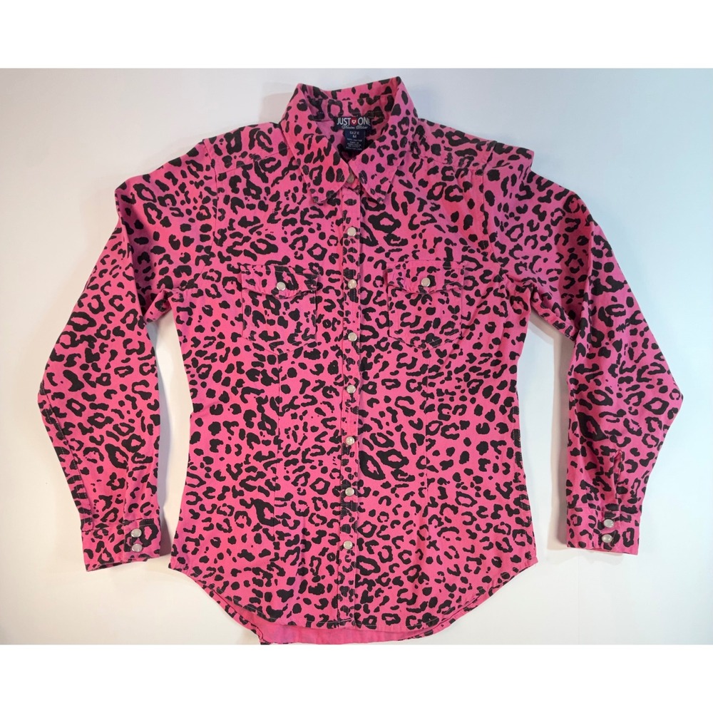 Just One Denim Blues Pink Leopard Print Western Button Down Shirt Medium